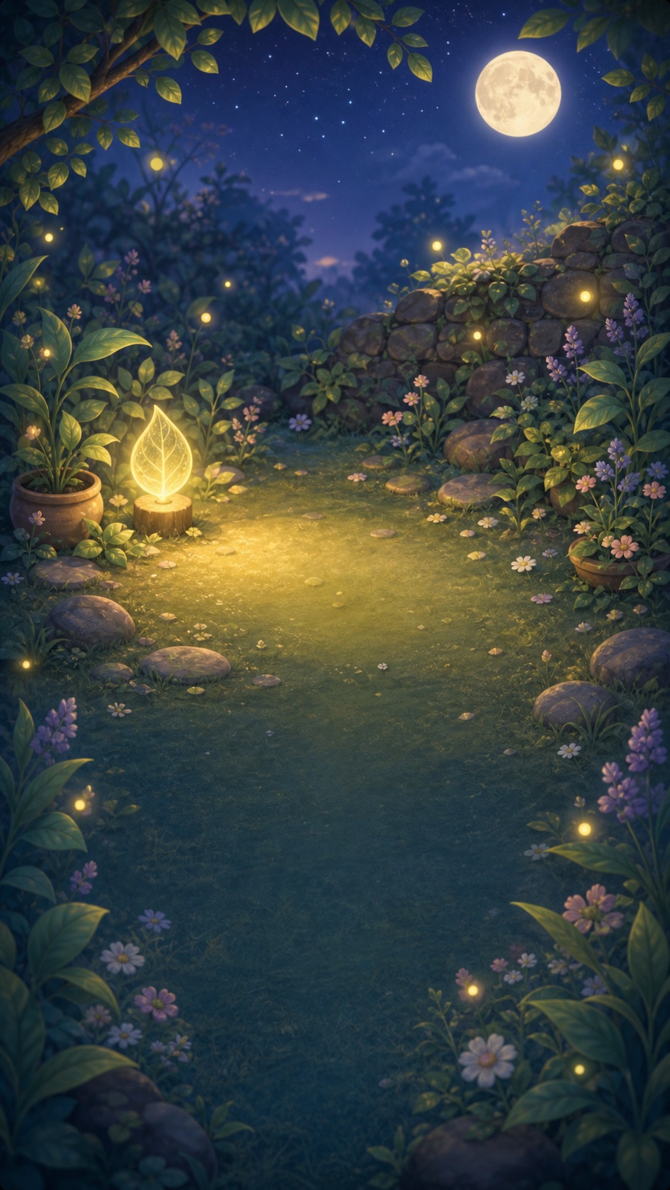 A glowing leaf and fireflies lighting a moonlit clearing from Enora’s Focus experience